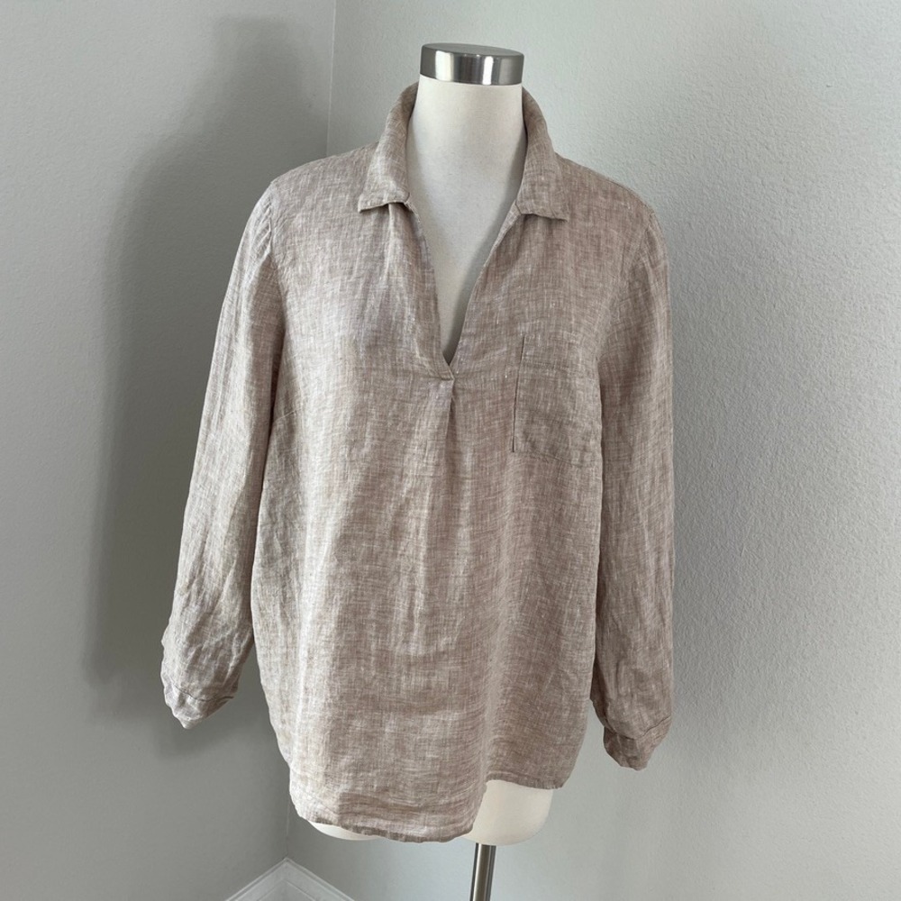J Jill Womens XL Petite Love Linen Tunic Top Oatmeal 100% Linen Roll Tab Sleeve